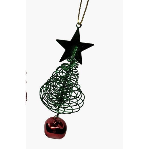 Green  Christmas Tree Ornament Red Jingle Bell Star Metal Spiral Wire - Picture 2 of 6